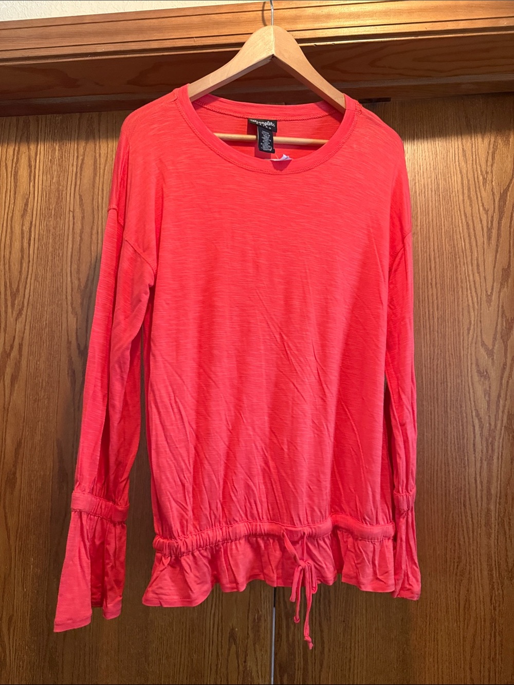 Wrangler Coral Drawstring Ruffle Hem Long Sleeve Tee